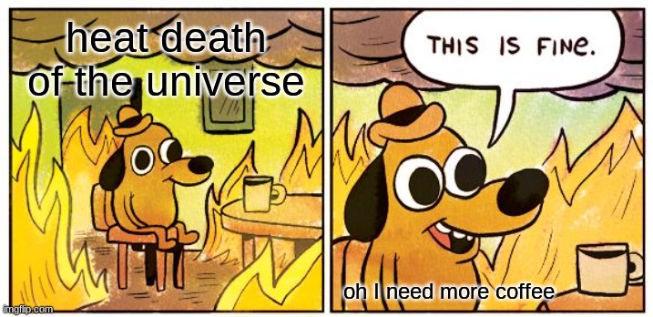 This Is Fine Meme | heat death of the universe; oh I need more coffee | image tagged in memes,this is fine | made w/ Imgflip meme maker