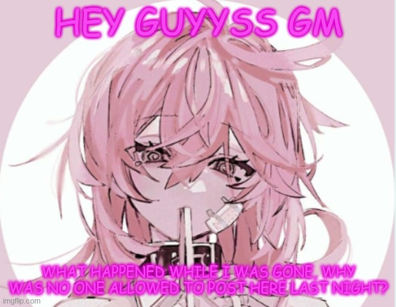 like what happened? is everything okay? | HEY GUYYSS GM; WHAT HAPPENED WHILE I WAS GONE, WHY WAS NO ONE ALLOWED TO POST HERE LAST NIGHT? | image tagged in idc do whatev | made w/ Imgflip meme maker