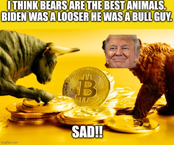 Bears are better | I THINK BEARS ARE THE BEST ANIMALS. BIDEN WAS A LOOSER HE WAS A BULL GUY. SAD!! | image tagged in donald trump,stock market,tariffs,maga,trump sucks,nevertrump | made w/ Imgflip meme maker