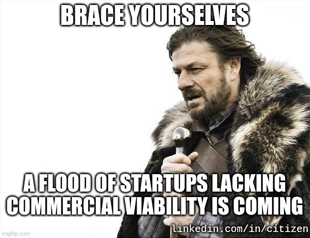 Brace Yourselves. A flood of startups lacking commercial viability is coming. | BRACE YOURSELVES; A FLOOD OF STARTUPS LACKING COMMERCIAL VIABILITY IS COMING; linkedin.com/in/citizen | image tagged in memes,brace yourselves x is coming,fail,startup,software | made w/ Imgflip meme maker