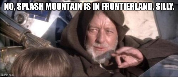 No Splash Mountain is in Frontierland silly | NO, SPLASH MOUNTAIN IS IN FRONTIERLAND, SILLY. | image tagged in memes,these aren't the droids you were looking for,splash mountain,disney world,frontierland | made w/ Imgflip meme maker