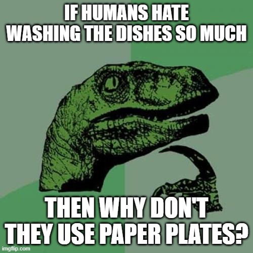 washing dishes | IF HUMANS HATE WASHING THE DISHES SO MUCH; THEN WHY DON'T THEY USE PAPER PLATES? | image tagged in memes,philosoraptor | made w/ Imgflip meme maker