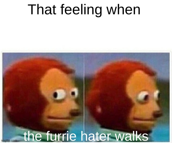 when the furrie hater walks in | That feeling when; the furrie hater walks | image tagged in memes,monkey puppet | made w/ Imgflip meme maker