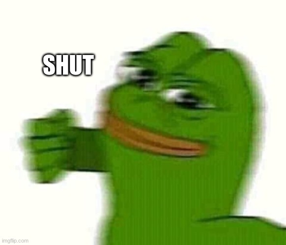 Pepe the frog punching | SHUT | image tagged in pepe the frog punching | made w/ Imgflip meme maker