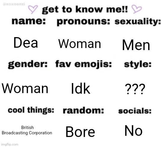 Not doing this seriously because im bored | Dea; Woman; Men; Idk; ??? Woman; No; Bore; British Broadcasting Corporation | image tagged in get to know me but better | made w/ Imgflip meme maker