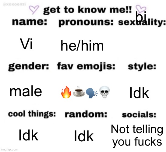 get to know me but better | bi; Vi; he/him; 🔥☕️🗣️💀; Idk; male; Not telling you fucks; Idk; Idk | image tagged in get to know me but better | made w/ Imgflip meme maker