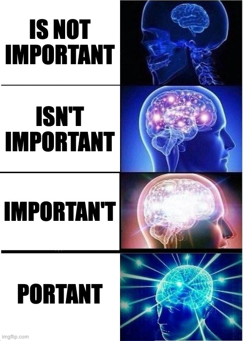 important | IS NOT IMPORTANT; ISN'T IMPORTANT; IMPORTAN'T; PORTANT | image tagged in memes,expanding brain | made w/ Imgflip meme maker