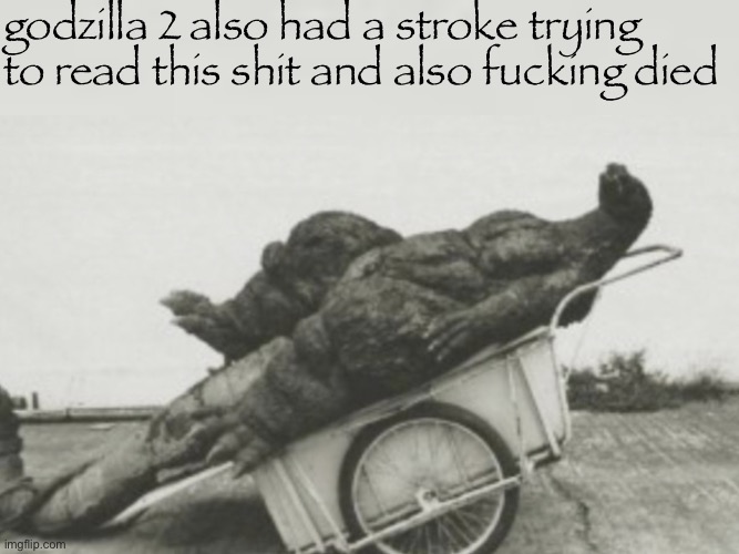 Godzilla | godzilla 2 also had a stroke trying to read this shit and also fucking died | image tagged in godzilla | made w/ Imgflip meme maker