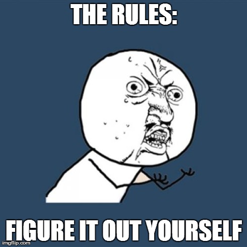Y U No tell me rules | THE RULES: FIGURE IT OUT YOURSELF | image tagged in memes,y u no | made w/ Imgflip meme maker