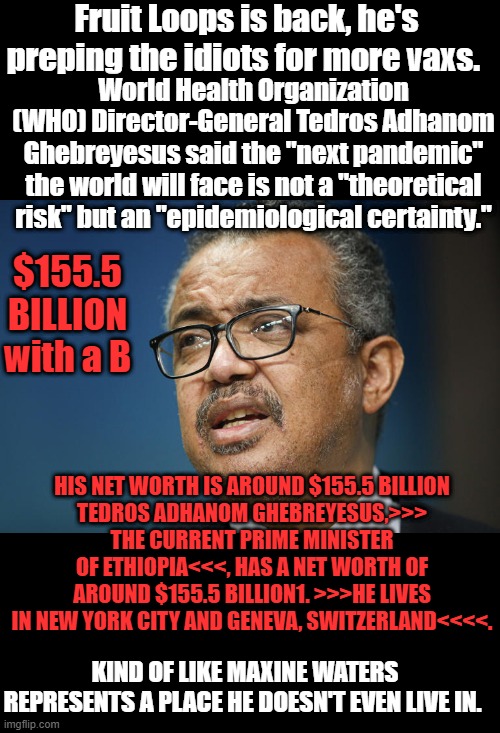 Fruit Loops is back, he's preping the idiots for more vaxs. World Health Organization (WHO) Director-General Tedros Adhanom Ghebreyesus said the "next pandemic" the world will face is not a "theoretical risk" but an "epidemiological certainty."; $155.5 BILLION with a B; HIS NET WORTH IS AROUND $155.5 BILLION
TEDROS ADHANOM GHEBREYESUS,>>> THE CURRENT PRIME MINISTER OF ETHIOPIA<<<, HAS A NET WORTH OF AROUND $155.5 BILLION1. >>>HE LIVES IN NEW YORK CITY AND GENEVA, SWITZERLAND<<<<. KIND OF LIKE MAXINE WATERS REPRESENTS A PLACE HE DOESN'T EVEN LIVE IN. | made w/ Imgflip meme maker
