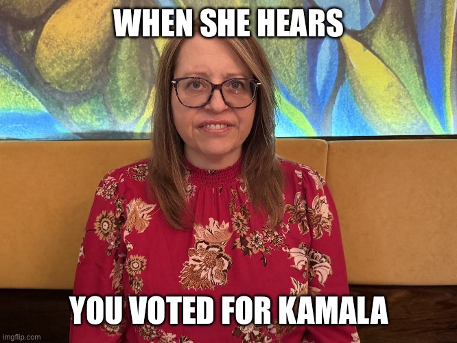 First & last date | WHEN SHE HEARS; YOU VOTED FOR KAMALA | image tagged in disappointed date girl | made w/ Imgflip meme maker