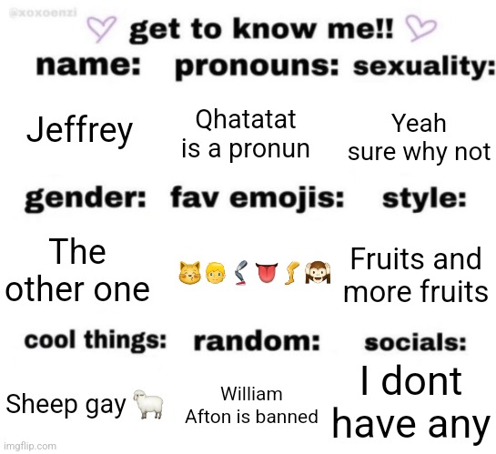 Dis post is ragebait btw | Jeffrey; Qhatatat is a pronun; Yeah sure why not; 😽👱🦿👅🦵🙉; Fruits and more fruits; The other one; I dont have any; William Afton is banned; Sheep gay 🐑 | image tagged in get to know me but better | made w/ Imgflip meme maker