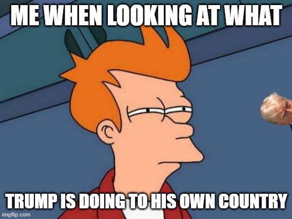 Canada looking at America | ME WHEN LOOKING AT WHAT; TRUMP IS DOING TO HIS OWN COUNTRY | image tagged in memes,futurama fry,donald trump,america,canada | made w/ Imgflip meme maker