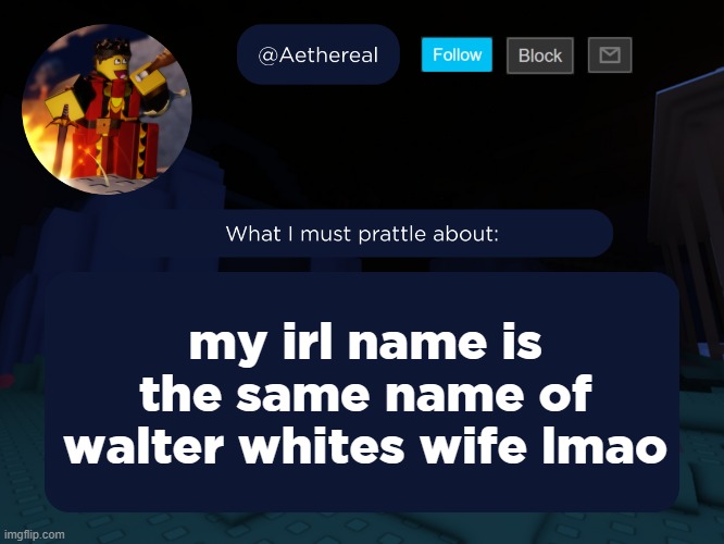 aethereal's forsaken template | my irl name is the same name of walter whites wife lmao | image tagged in aethereal's forsaken template | made w/ Imgflip meme maker