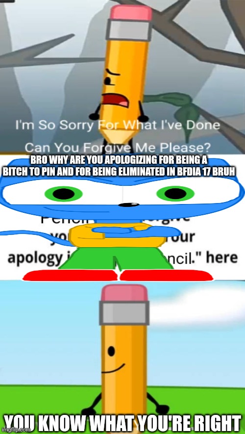 Me Ruining A Fill In Meme #17 | BRO WHY ARE YOU APOLOGIZING FOR BEING A BITCH TO PIN AND FOR BEING ELIMINATED IN BFDIA 17 BRUH; YOU KNOW WHAT YOU'RE RIGHT | image tagged in ruin this fill in meme 17 | made w/ Imgflip meme maker