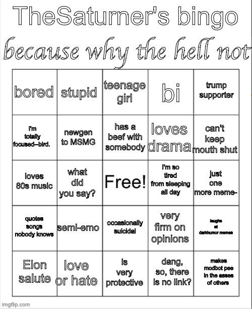 Saturner's Bingo Thingy | image tagged in saturner's bingo thingy | made w/ Imgflip meme maker