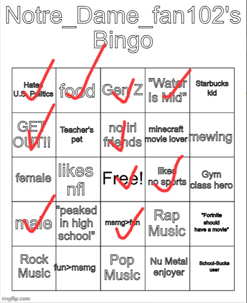 Notre_Dame_Fan102's Bingo | image tagged in notre_dame_fan102's bingo | made w/ Imgflip meme maker