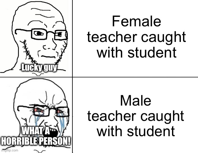 Soyjak Reaction | Female teacher caught with student; Lucky guy; Male teacher caught with student; WHAT A HORRIBLE PERSON! | image tagged in soyjak reaction | made w/ Imgflip meme maker