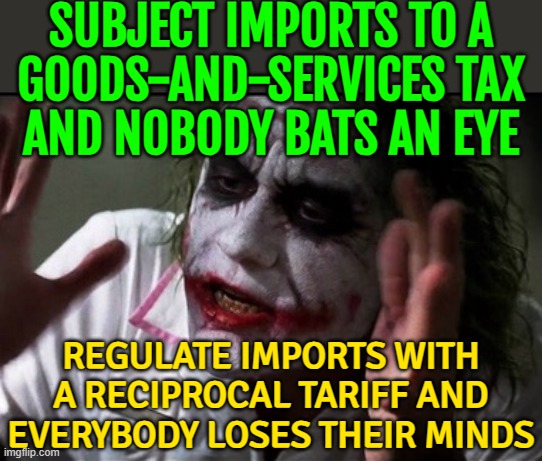 Regulate Imports With A Reciprocal Tariff And Everybody Loses Their Minds | SUBJECT IMPORTS TO A
GOODS-AND-SERVICES TAX
AND NOBODY BATS AN EYE; REGULATE IMPORTS WITH A RECIPROCAL TARIFF AND EVERYBODY LOSES THEIR MINDS | image tagged in joker nurse,tariffs,donald trump,stock market,stock crash,united states of america | made w/ Imgflip meme maker