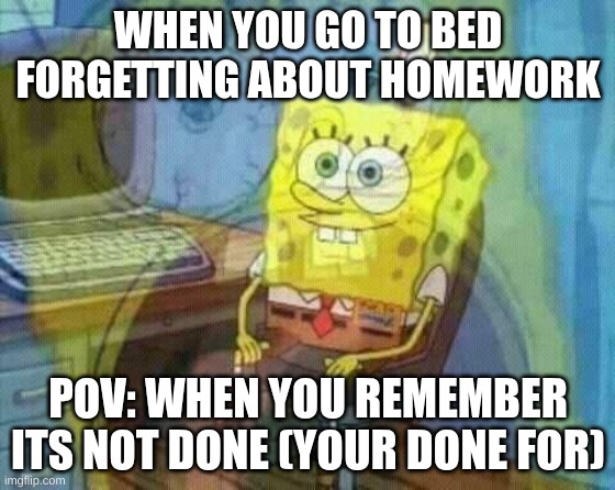 spongebob panic inside | WHEN YOU GO TO BED FORGETTING ABOUT HOMEWORK; POV: WHEN YOU REMEMBER ITS NOT DONE (YOUR DONE FOR) | image tagged in spongebob panic inside | made w/ Imgflip meme maker