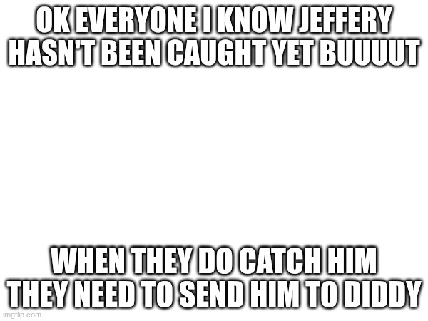 OK EVERYONE I KNOW JEFFERY HASN'T BEEN CAUGHT YET BUUUUT; WHEN THEY DO CATCH HIM THEY NEED TO SEND HIM TO DIDDY | made w/ Imgflip meme maker