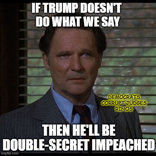 Ignore | IF TRUMP DOESN'T 
DO WHAT WE SAY; DEMOCRATS
CORRUPT JUDGES
RINOS; THEN HE'LL BE DOUBLE-SECRET IMPEACHED | image tagged in double secret probation | made w/ Imgflip meme maker