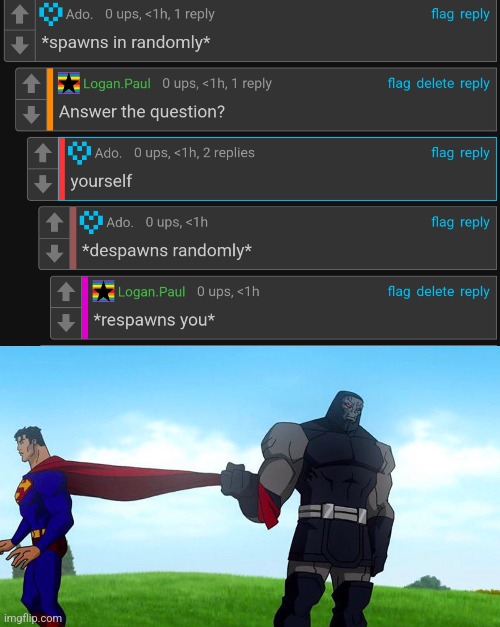 image tagged in darkseid pulling superman cape | made w/ Imgflip meme maker