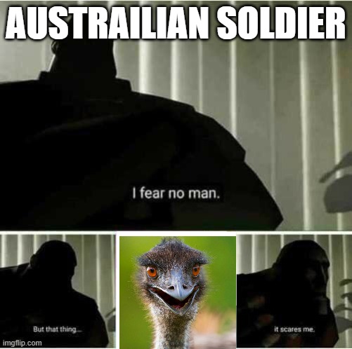I fear no man | AUSTRAILIAN SOLDIER | image tagged in i fear no man | made w/ Imgflip meme maker
