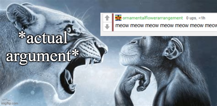 tiger yell at pondering monkey | *actual argument* | image tagged in tiger yell at pondering monkey | made w/ Imgflip meme maker
