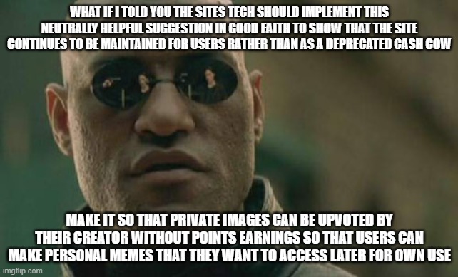 how many hours of programming time could it possibly take... i'm sure a top user could repost if 'good faith' is kept | WHAT IF I TOLD YOU THE SITES TECH SHOULD IMPLEMENT THIS NEUTRALLY HELPFUL SUGGESTION IN GOOD FAITH TO SHOW THAT THE SITE CONTINUES TO BE MAINTAINED FOR USERS RATHER THAN AS A DEPRECATED CASH COW; MAKE IT SO THAT PRIVATE IMAGES CAN BE UPVOTED BY THEIR CREATOR WITHOUT POINTS EARNINGS SO THAT USERS CAN MAKE PERSONAL MEMES THAT THEY WANT TO ACCESS LATER FOR OWN USE | image tagged in win win,user see that site cares,site owner gets promotion,have i missed /you are on your own/ annoncement,mm,useless stream q | made w/ Imgflip meme maker