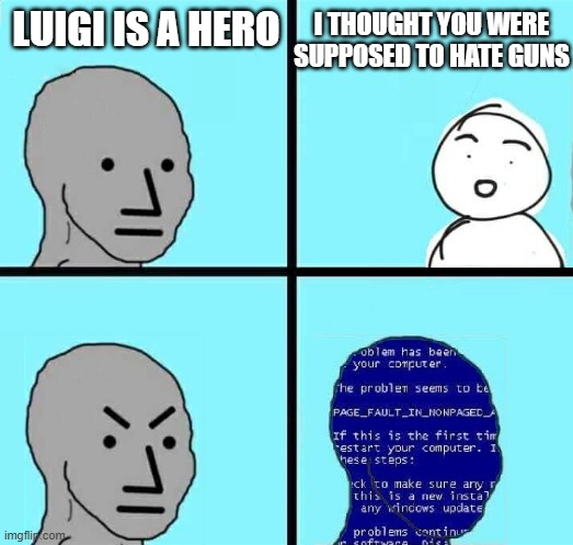 NPC Blue Screen | LUIGI IS A HERO I THOUGHT YOU WERE SUPPOSED TO HATE GUNS | image tagged in npc blue screen | made w/ Imgflip meme maker