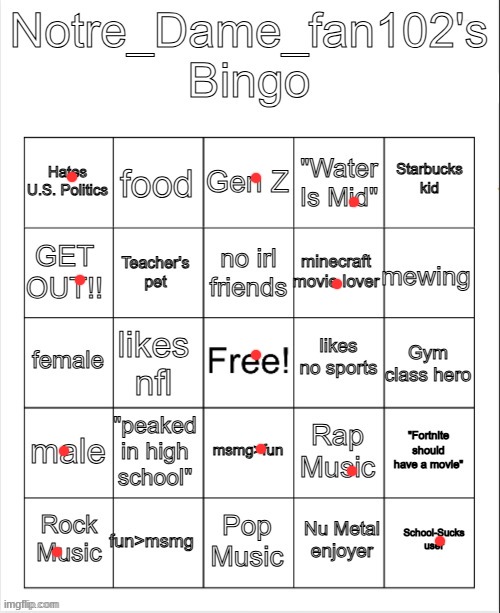 Notre_Dame_Fan102's Bingo | image tagged in notre_dame_fan102's bingo | made w/ Imgflip meme maker