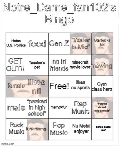 Notre_Dame_Fan102's Bingo | image tagged in notre_dame_fan102's bingo | made w/ Imgflip meme maker