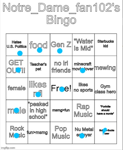 Notre_Dame_Fan102's Bingo | image tagged in notre_dame_fan102's bingo | made w/ Imgflip meme maker