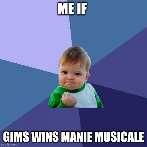 jnfrejbfjjfuie | ME IF; GIMS WINS MANIE MUSICALE | image tagged in memes,success kid | made w/ Imgflip meme maker