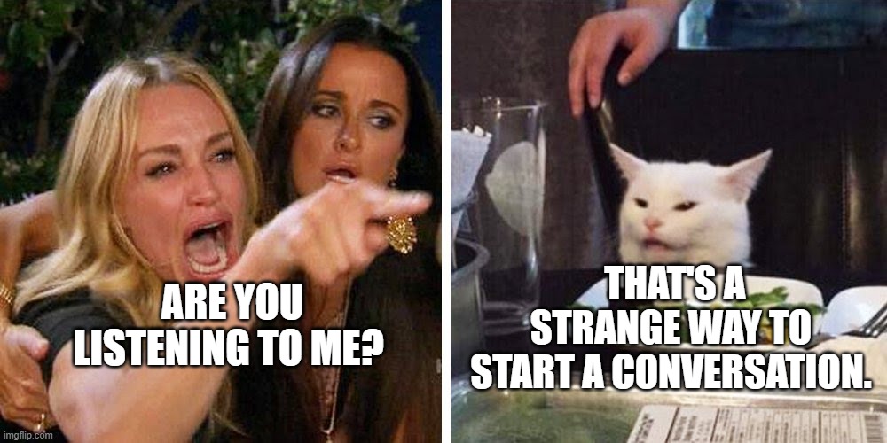 listening? | ARE YOU LISTENING TO ME? THAT'S A STRANGE WAY TO START A CONVERSATION. | image tagged in smudge the cat | made w/ Imgflip meme maker