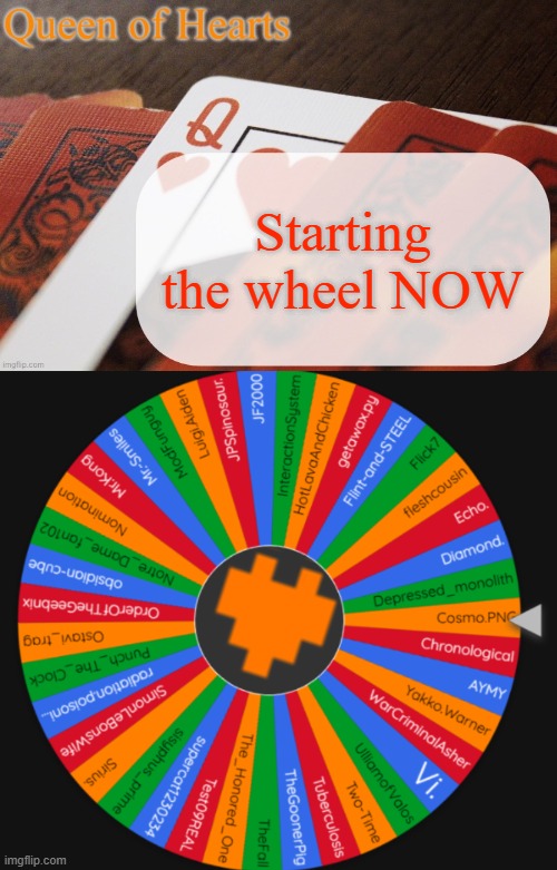 Starting the wheel NOW | image tagged in queen of hearts announcement | made w/ Imgflip meme maker