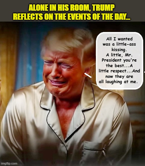 It's Been A Rough Day For Diaper Don.... | ALONE IN HIS ROOM, TRUMP REFLECTS ON THE EVENTS OF THE DAY... All I wanted was a little-ass kissing. A little, Mr. President you're the best...A little respect...And now they are all laughing at me. | image tagged in impeach trump,tariffs,donald trump memes,trump is a moron,donald trump the clown | made w/ Imgflip meme maker
