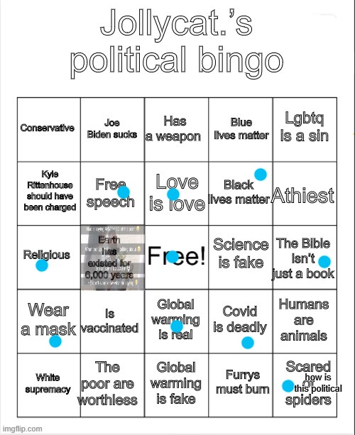 idk who Kyle Writtenhouse is | how is this political | image tagged in jollycat s political bingo | made w/ Imgflip meme maker