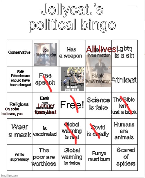 P | All lives:; Longer than that; On sobe believes, yes | image tagged in jollycat s political bingo | made w/ Imgflip meme maker