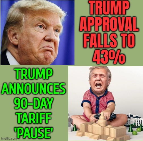 Trump Approval Falls To 43%; Trump Announces 90-Day Tariff 'Pause' | TRUMP
APPROVAL
FALLS TO
43%; TRUMP
ANNOUNCES
90-DAY
TARIFF
'PAUSE' | image tagged in the two speeds of trump,tariffs,breaking news,polls,donald trump,stock crash | made w/ Imgflip meme maker
