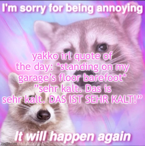 sorry for being annoying | yakko irl quote of the day: *standing on my garage’s floor barefoot* ”sehr kalt. Das is sehr kalt. DAS IST SEHR KALT!” | image tagged in sorry for being annoying | made w/ Imgflip meme maker