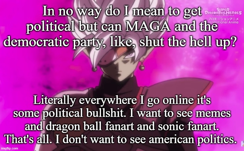 In no way do I mean to get political but can MAGA and the democratic party, like, shut the hell up? Literally everywhere I go online it's some political bullshit. I want to see memes and dragon ball fanart and sonic fanart. That's all. I don't want to see american politics. | made w/ Imgflip meme maker