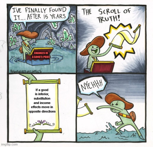 The Scroll Of Truth | CHANGES IN A GOOD'S PRICE; If a good is inferior, substitution and income effects move in opposite directions | image tagged in memes,the scroll of truth | made w/ Imgflip meme maker