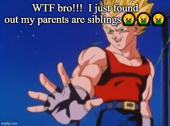 GT vegeta | WTF bro!!!  I just found out my parents are siblings🤮🤮🤮 | image tagged in gt vegeta | made w/ Imgflip meme maker
