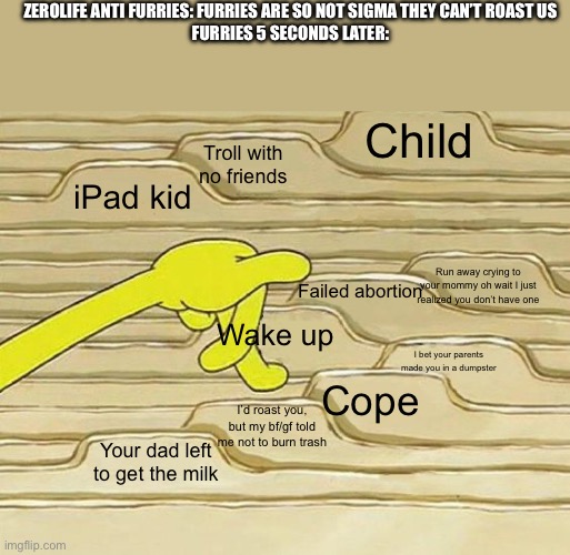 Imagine having the same stale insults since 2012 | ZEROLIFE ANTI FURRIES: FURRIES ARE SO NOT SIGMA THEY CAN’T ROAST US
FURRIES 5 SECONDS LATER:; Child; Troll with no friends; iPad kid; Run away crying to your mommy oh wait I just realized you don’t have one; Failed abortion; Wake up; I bet your parents made you in a dumpster; Cope; I’d roast you, but my bf/gf told me not to burn trash; Your dad left to get the milk | image tagged in spongebob filing cabinet | made w/ Imgflip meme maker