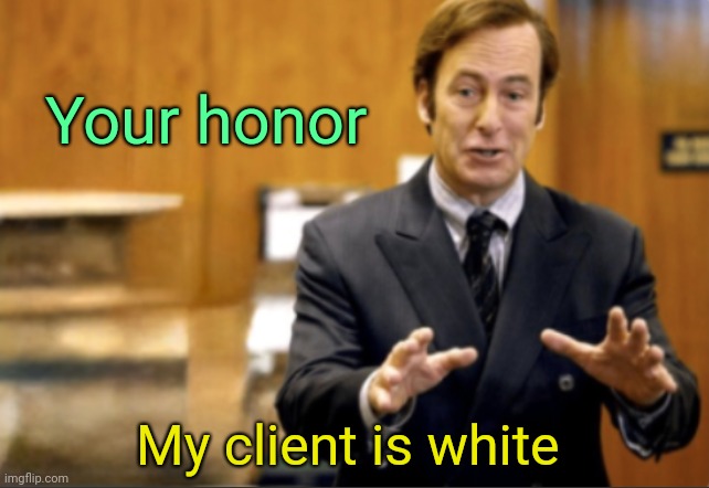 Saul Goodman defending | Your honor My client is white | image tagged in saul goodman defending | made w/ Imgflip meme maker