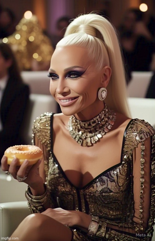 Donutella 2025 | image tagged in ai art,donatella,versace,donutella,brian einersen | made w/ Imgflip meme maker
