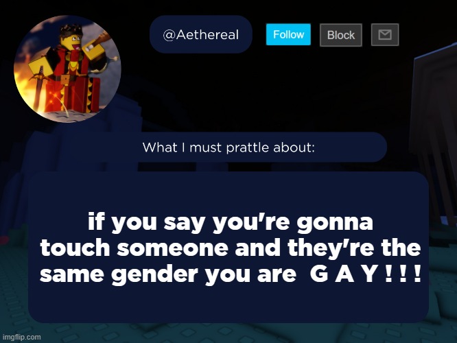aethereal's forsaken template | if you say you're gonna touch someone and they're the same gender you are  G A Y ! ! ! | image tagged in aethereal's forsaken template | made w/ Imgflip meme maker