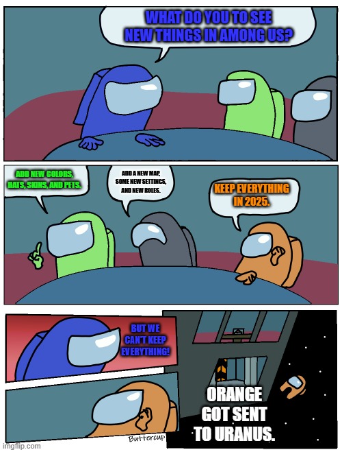 New things in AMPNg US | WHAT DO YOU TO SEE NEW THINGS IN AMONG US? ADD NEW COLORS, HATS, SKINS, AND PETS. ADD A NEW MAP, SOME NEW SETTINGS, AND NEW ROLES. KEEP EVERYTHING IN 2025. BUT WE CAN'T KEEP EVERYTHING! ORANGE GOT SENT TO URANUS. | image tagged in among us meeting | made w/ Imgflip meme maker